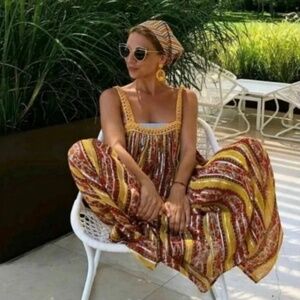 Zara crochet trim laminated printed midi dress XS